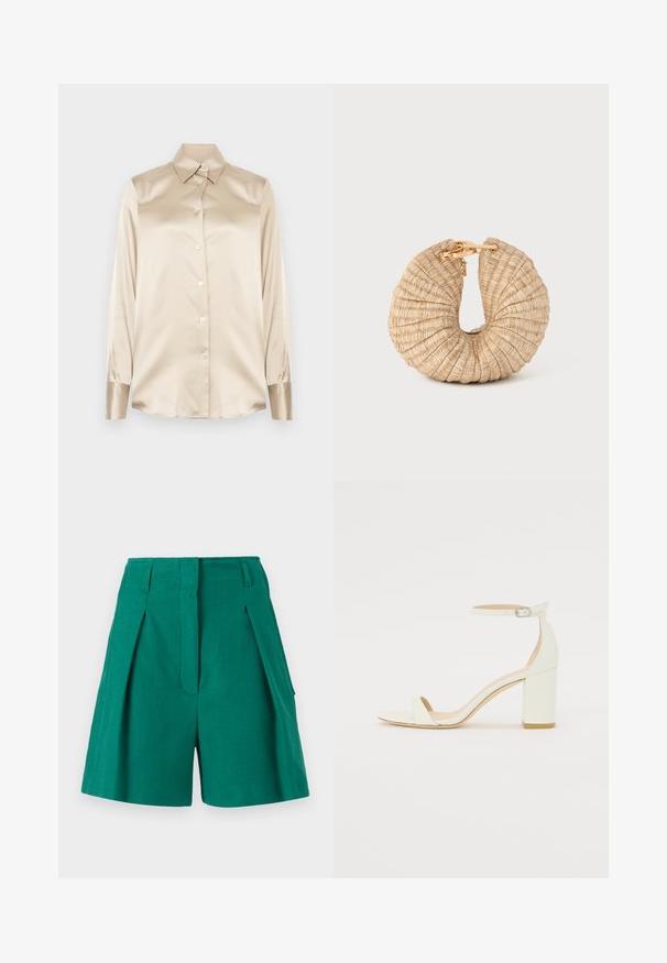 Beige satin skjorte med spids krave, lange ærmer, knaplukning og manchetter i en lidt glattere finish. Ingen mønstre eller detaljer.; Grønne shorts med struktureret stof, detaljer med folder og sidelommer. Designet er skræddersyet med høj talje og lige snit.; Hvide læder sandaler med blokhæl, der har en ankelrem med spænde og minimalistisk design. Åben tå og glatte teksturer hele vejen igennem.; Cult Gaia UBAH - Clutches - wheat