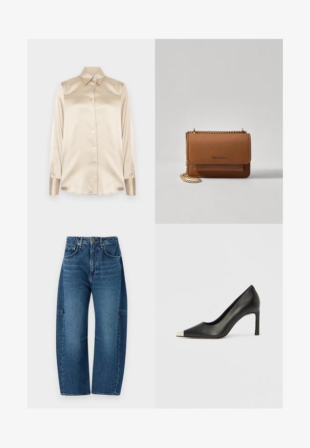 Beige satengskjorte med spiss krage, lange ermer, knappestillinger og mansjetter i en litt glansfull finish. Ingen mønstre eller aksenter.; rag & bone CHARLIE BARREL JEAN - Wide leg - dark blue denim; Svart lærsko med høye hæler, spiss tå og metallisk sølvhette. Har en glatt finish og en slank hæl på 10 cm.; Brun teksturert lær crossover-veske med gullkjede-stropp og klaffelukking. Fronten har logo-detalj og en lomme under klaffen.