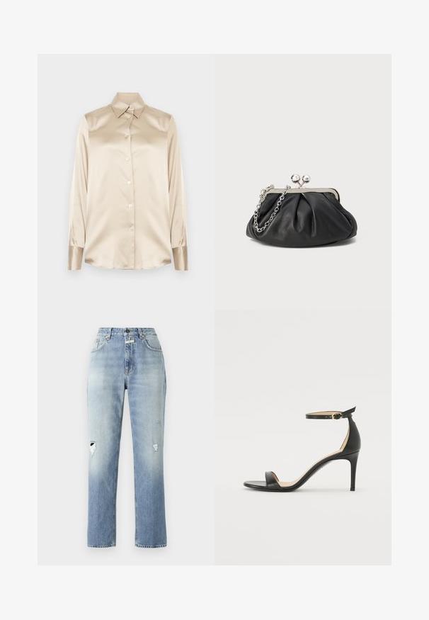 Bež satenasta srajca z ostrim ovratnikom, dolgimi rokavi, z zapiranjem na gumbe in manšetami v nekoliko bolj sijočem finishtu. Brez vzorcev ali dodatkov.; Svetloplavi traperice s visokim strukom i ravnim nogavicama. Imaju pohabane detalje na obije koljena i klasičan dizajn s pet džepova.; Črne usnjene sandale s peto, ki imajo priponko za gleženj. Imajo gladko teksturo, odprt prst in tanek peto. Podrobnost z zlatim sponko.; Črna usnjena torbica z nabranim teksturo, okovjem iz srebrne kovine, zapiranjem na poljub in verižnim ročajem. Gladka, mehka površina.