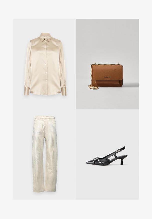 Smėlio spalvos satino marškiniai su smailiu apykakle, pilno ilgio rankovėmis, sagų uždarymu ir šiek tiek blizgesniais rankogaliais. Be raštų ar akcentų.; Šviesiai smėliniai plačių kojų džinsai su metaliniu blizgesiu, pagaminti iš lygaus denimo su standartiniu penkių kišenių dizainu.; Juodas odinis slingback tipo batai su smailiu priekiniu atvartu, dekoratyvinėmis sagtimis su metaliniais akyčiais ir žemu blokiniu kulnu. Saldus paviršius.; Ruda tekstūruota odinė per petį nešama rankinė su auksiniu grandininiu dirželiu ir užlenkiamo užsegimo. Priekinėje pusėje yra logotipo detalė ir kišenė po užlenkimu.