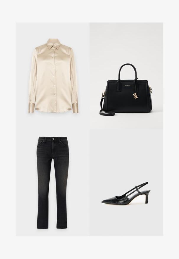 Krémová saténová košile s špičatým límcem, dlouhými rukávy, zapínáním na knoflíky a manžetami s mírně lesklejším povrchem. Bez vzorů nebo akcentů.; rag & bone DRE LOW RISE BOYFRIEND - Džíny Slim Fit - cornelia; Černé lakované slingback podpatky s špičatou špičkou, zdobené texturovaným hadím vzorem, nastavovacím páskem a krátkým texturovaným blokovým podpatkem.; Černá kožená kabelka se strukturovaným designem, dvojitými horními uchy, odnímatelným ramenním popruhem, zlatými doplňky a akcentem ve formě logového charm.