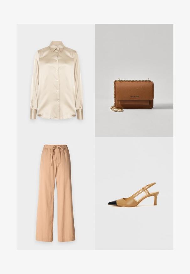 Béžová saténová košela s špicatým golierom, dlhými rukávmi, zapínaním na gombíky a manžetami v mierne lesklejšom prevedení. Bez vzorov alebo akcentov.; Béžové nohavice s širokými nohavicami a elastickým pásom s šnúrkou na viazanie. Vyrobené z ľahkého materiálu, s hladkou textúrou a čistými líniami.; Béžové lodičky so slingback remienkom, špičkou v čiernej farbe s výrezmi na bokoch a stredne vysokým robustným podpätkom. Vyrobené z hladkej kože.; Hnedá textúrovaná kožená taška cez telo s zlatým reťazovým popruhom a preklopným uzáverom. Predná strana obsahuje detail s logom a vrecko pod preklopkou.
