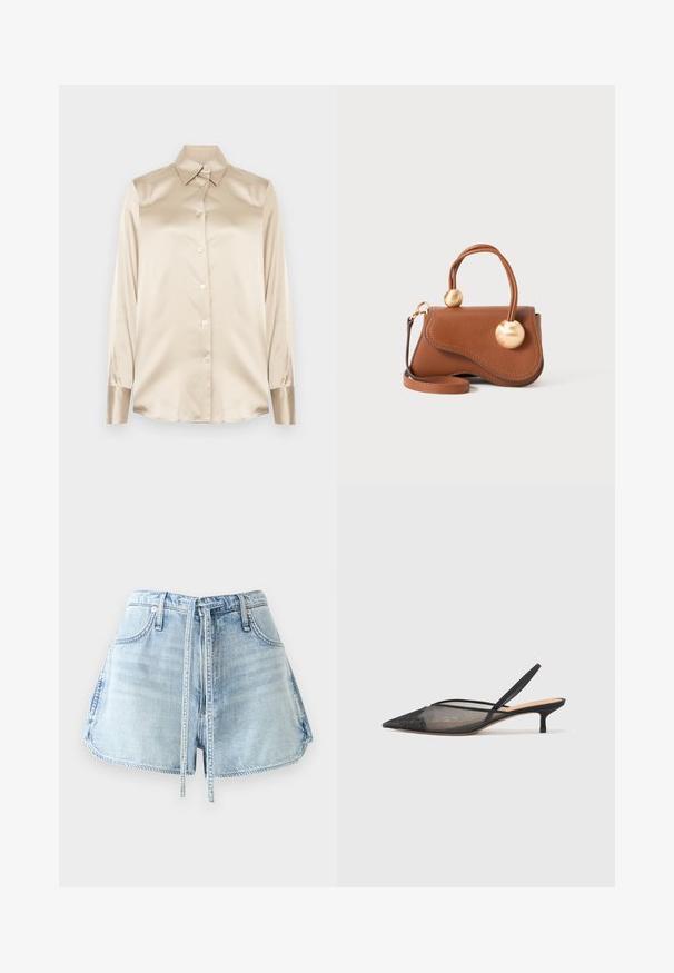 Beige satin shirt with a pointed collar, full-length sleeves, button closure, and cuffs in a slightly glossier finish. No patterns or accents.; Light blue denim shorts with a drawstring waist, five pockets, and raw hem edges. The fabric has a distressed texture.; NEOUS IRENA - Classic heels - black; Brown leather handbag with a wavy design, featuring two circular gold accents and a detachable shoulder strap for versatile carrying.