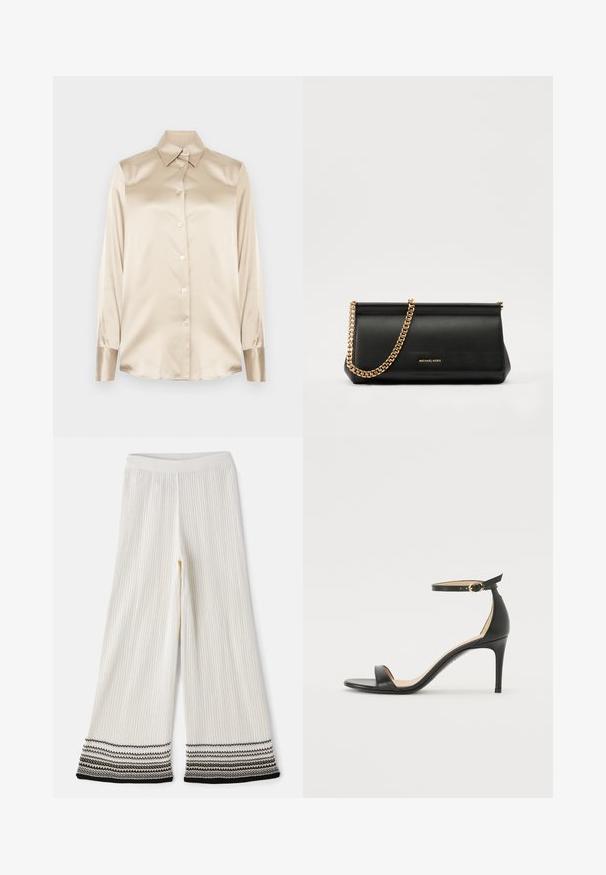 Beige satīna krekls ar asām apkaklēm, pilna garuma piedurknēm, ar pogu aizdari un nedaudz spīdīgāka finiša aprocēm. Nav rakstu vai akcentu.; Krēma krāsas ribu platajās biksēs ar teksturētu apdari. Apmalei ir slāņotas melnas un baltas svītras. Elestīga josta komfortablai piegulšanai.; Melnas ādas augstpapēžu sandales ar potītes siksniņu. Iezīmes gluda tekstūra, atvērta purngala un plāna papēža. Zelta krāsas sprādzes detaļa.; Melns ādas apliecības soma ar zelta ķēdes siksnu, ar gludu tekstūru, taisnstūra formu un izspiestu zīmolu uz priekšpuses.
