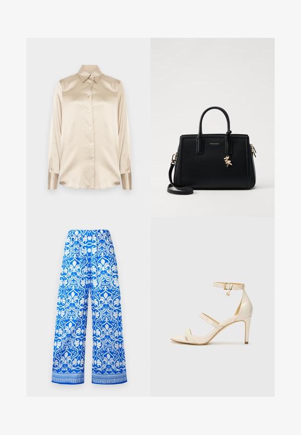 Beige selyem ing hegyes gallérral, teljes hosszúságú ujjakkal, gombos záródással és enyhén fényes anyagú mandzsettákkal. Minták vagy díszítések nélkül.; Kék és fehér, széles szárú nadrág, elasztikus derékkal és bonyolult virágmintás damaszt mintával, díszítő szegéllyel az alján.; Beige magassarkú szandál vékony bokapánttal és két felső pánttal. Fényes lakk felület és arany hardware részlet a bokapánton.; Fekete bőr kézitáska strukturált dizájnnal, dupla felső fogantyúkkal, levehető vállpánttal, arany színű fémrészletekkel és logómedál díszítéssel.