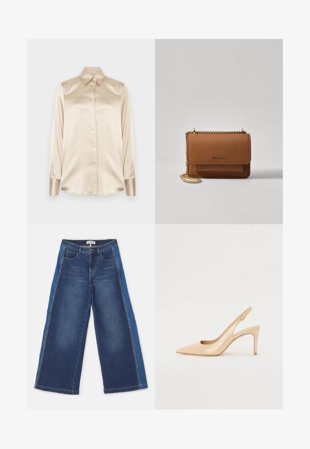 Smėlio spalvos satino marškiniai su smailiu apykakle, pilno ilgio rankovėmis, sagų uždarymu ir šiek tiek blizgesniais rankogaliais. Be raštų ar akcentų.; Platus kojų džinsai vidutinio ir šviesiai mėlynos džinsinio audinio su kontrastingomis kišenėmis. Yra penkios kišenės, užtrauktukas ir siūtas kraštas.; Nude patentinės odos slingback kulniukai su smailiu pirštu, atviru vampu ir plonu stiletu. Papuošta apvaliu auksiniu akcentu ant dirželio.; Ruda tekstūruota odinė per petį nešama rankinė su auksiniu grandininiu dirželiu ir užlenkiamo užsegimo. Priekinėje pusėje yra logotipo detalė ir kišenė po užlenkimu.