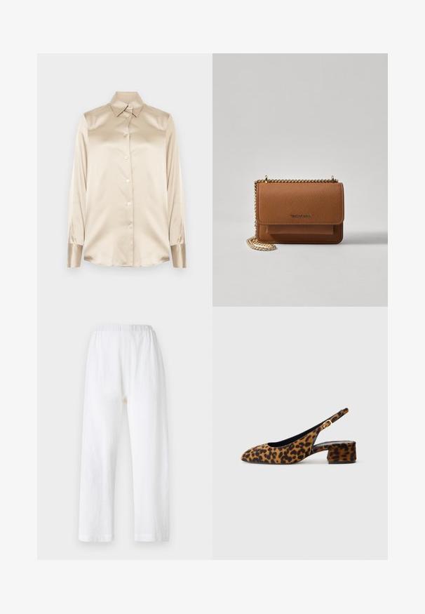 Beige satin shirt with a pointed collar, full-length sleeves, button closure, and cuffs in a slightly glossier finish. No patterns or accents.; White, loose-fitting pants with an elastic waistband, made of textured fabric. Straight leg design with simple hemmed cuffs.; Women's leopard print slingback shoe with low block heel and gold buckle on side strap, shown in side profile on plain background.; Brown textured leather crossbody bag with gold chain strap and flap closure. Front features logo detail and a pocket under the flap.