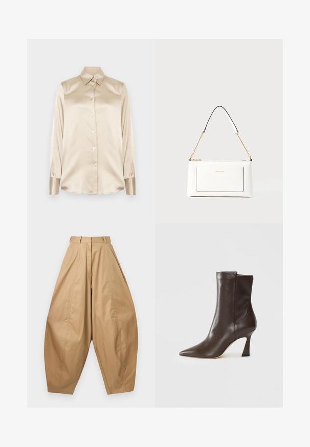 Camisa de satén beige con cuello puntiagudo, mangas de largo completo, cierre de botones y puños con un acabado ligeramente más brillante. Sin patrones ni acentos.; Pantalones beige de cintura alta y pernera ancha con pliegues, trabillas y dobladillos ajustados, presentados sobre un fondo blanco.; Bota de cuero marrón oscuro de media caña con punta afilada, tacón curvado y delgado, y acabado suave sobre un fondo blanco.; Bolso de mano de cuero blanco con un acabado texturizado, que cuenta con una correa de cadena dorada y acentos negros. Incluye un bolsillo frontal y cierre de cremallera.