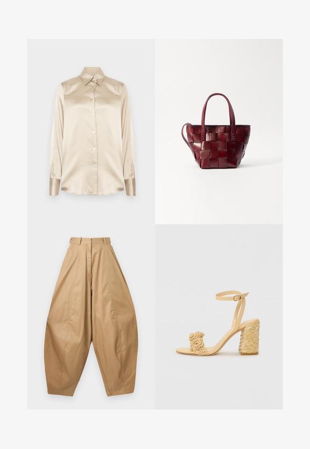 Chemise en satin beige avec un col pointu, des manches longues, une fermeture par boutons et des poignets à la finition légèrement plus brillante. Pas de motifs ni d'accents.; Pantalons beiges taille haute, jambes larges avec des plis, passants de ceinture et ourlets fuselés, présentés sur un fond blanc.; Sandale à talons hauts beige avec une texture tressée, ornée d'une fleur décorative et d'une bride à la cheville. Le talon carré ajoute de la stabilité.; Sac fourre-tout en cuir bordeaux tressé avec deux poignées courtes et une bandoulière amovible. Présente une forme structurée et une texture lisse.