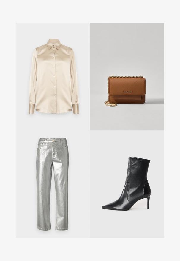 Krémová saténová košile s špičatým límcem, dlouhými rukávy, zapínáním na knoflíky a manžetami s mírně lesklejším povrchem. Bez vzorů nebo akcentů.; Stříbrné metalické džíny se rovnými nohavicemi, pěticí kapsami, zipem a knoflíkovým zapínáním. Hladká textura s lesklým povrchem.; Černé kotníkové boty vyrobené z hladké kůže, s špičatou špičkou, těsným svrškem a tenkým vysokým podpatkem. Minimalistický design bez viditelné mechaniky.; Hnědá texturovaná kožená kabelka přes rameno se zlatým řetízkovým popruhem a klopnovým uzavíráním. Přední strana obsahuje detail loga a kapsu pod klopou.