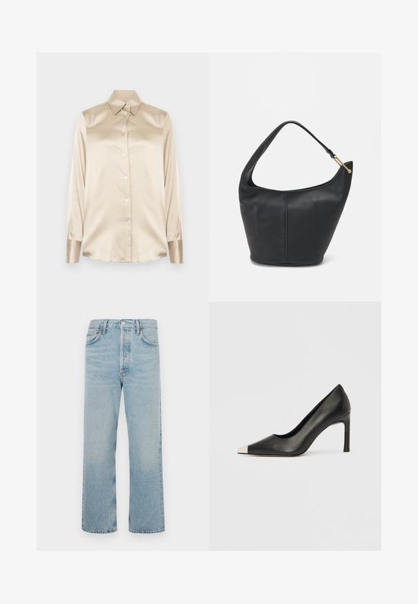 Beige satin shirt with a pointed collar, full-length sleeves, button closure, and cuffs in a slightly glossier finish. No patterns or accents.; Light blue denim jeans with a straight-leg design, five pockets, and copper-tone hardware. Raw hem with subtle fading and texture.; Black leather high heel shoe with a pointed toe and a metallic silver cap. Features a smooth finish and a slender 10 cm heel.; Black leather handbag with a rounded shape, a wide strap, and a textured finish. Features a subtle seam detail and a gold-tone hardware accent.