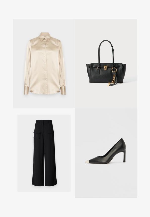 Beige satin skjorta med spetsig krage, helärmade ärmar, knappstängning och manschetter med en något glansigare finish. Inga mönster eller accenter.; Svarta vida cargobyxor med en jämn textur, som har två framfickor och två stora cargofickor på sidorna.; Svart skinnsko med hög klack, spetsig tå och metallisk silverhätta. Har en slät yta och en smal klack på 10 cm.; Svart läderhandväska med dubbla handtag, guldlås och kedjedetalj, samt svart-vit tofsaccessoar mot vit bakgrund.