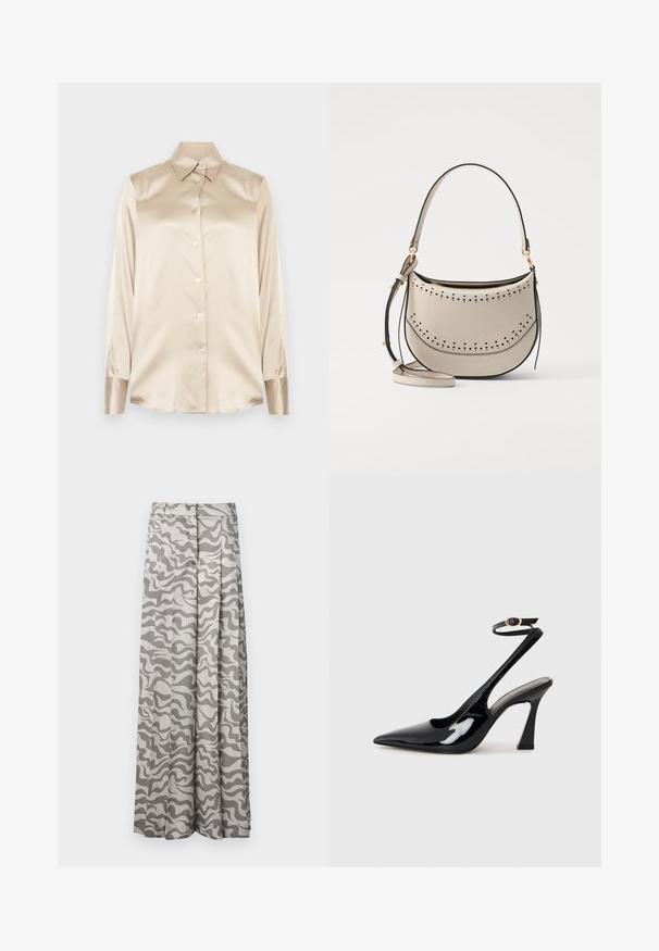 Bež satenasta srajca z ostrim ovratnikom, dolgimi rokavi, z zapiranjem na gumbe in manšetami v nekoliko bolj sijočem finishtu. Brez vzorcev ali dodatkov.; Široke hlače iz lahkega blaga z sivim in belim valovitim kamuflažnim vzorcem, z zaponko na gumb in nagubanimi detajli.; Črne patentne usnjene slingback visoke pete s koničastim nosom, nastavljivim gležnjastim trakom in zmerno blokasto peto. Gladka tekstura z bleščečim zaključkom.; Vanessa Bruno MINI DAILY BAG - Torbica - ivoire