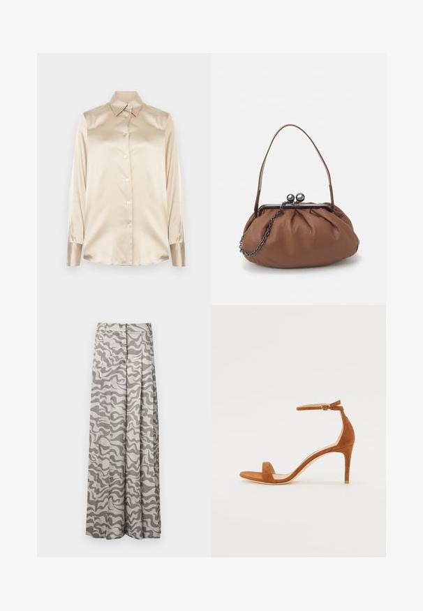 Beige satin shirt with a pointed collar, full-length sleeves, button closure, and cuffs in a slightly glossier finish. No patterns or accents.; Wide-leg trousers in a lightweight fabric featuring a gray and white wavy camouflage pattern, with a button closure and pleated design.; Brown suede high-heeled sandal featuring a thin ankle strap with a gold buckle, open toe, and a sleek, minimalist design.; Brown leather handbag with a gathered design, a short leather handle, and a chain strap. Features a silver metal clasp with two round accents.