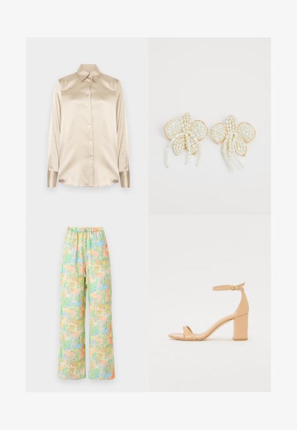 Beige satin shirt with a pointed collar, full-length sleeves, button closure, and cuffs in a slightly glossier finish. No patterns or accents.; Wide-leg trousers in light fabric featuring a pastel pattern of fish and plants. Elasticated waist with a drawstring detail.; Nude patent leather heeled sandals with a square toe, ankle strap, and a chunky block heel. Smooth texture and minimal design details.; Pearl flower earrings with gold accents. Each petal features small, round pearls arranged in a floral design, with trailing pearl details.