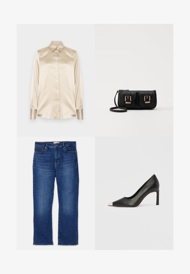 Beige satengskjorte med spiss krage, lange ermer, knappestillinger og mansjetter i en litt glansfull finish. Ingen mønstre eller aksenter.; Blå denim jeans med rett snitt, med fem lommer, knappelukking og subtil bleking på beina. Overlock-sømmer og falden.; Svart lærsko med høye hæler, spiss tå og metallisk sølvhette. Har en glatt finish og en slank hæl på 10 cm.; Svart skinn crossbody veske med to frontlommer, gyldne spenner, glidelåslukking og en slank stropp. Teksturert overflate og kompakt rektangulær form.