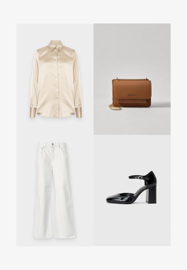Beige selyem ing hegyes gallérral, teljes hosszúságú ujjakkal, gombos záródással és enyhén fényes anyagú mandzsettákkal. Minták vagy díszítések nélkül.; Fehér farmer anyagú, harangszárú nadrág magas derékkal, öt zsebes kivitelben és látható varrással. Fém gombbal és cipzárral záródik.; Fekete patent bőr, magas sarkú cipők négyzetes orral, bokapánttal és vastag sarkal. A szélén lyukacsos díszítéssel.; Barna textúrájú bőr keresztbody táska arany lánc pánttal és fedélzárral. Az elején logó részlet és egy zseb található a fedél alatt.