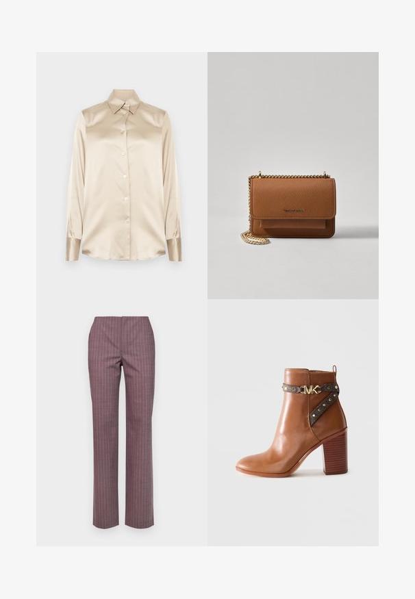 Beige satiinipaita, jossa on terävä kaulus, täyspitkät hihat, nappikiinnitys ja hihoissa hieman kiiltävä pinta. Ei kuvioita tai koristeita.; Violetti suorat housut, joissa on hienovarainen raitakuosi, sileä pinta ja tiukka vyötärö. Näkyviä taskuja ei ole.; Ruskea nahkainen nilkkabootsi, jossa on pinoitettu lohko korko, sivuolkaimessa kultaiset niitit ja kultainen "MK"-logon solki.; Ruskean teksturoidun nahkasta valmistettu crossbody-laukku, jossa on kultaketjuhihna ja läppäkiinnitys. Edessä on logodetail ja tasku läppäisen alla.
