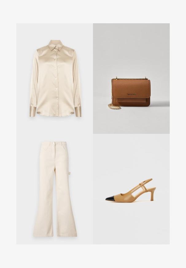Camicia in satin beige con colletto a punta, maniche lunghe, chiusura con bottoni e polsini con una finitura leggermente più lucida. Senza motivi né accenti.; Jeans beige a palazzo realizzati in cotone con vita alta, dotati di chiusura a bottone, cinque tasche e dettagli laterali a laccio.; Tacchi slingback color cuoio con punta nera appuntita, caratterizzati da lati traforati e tacco a blocco di media altezza. Materiale in pelle liscia.; Borsa a tracolla in pelle marrone con texture, dotata di catena dorata e chiusura a pattina. Sul davanti presenta un dettaglio con logo e una tasca sotto la pattina.