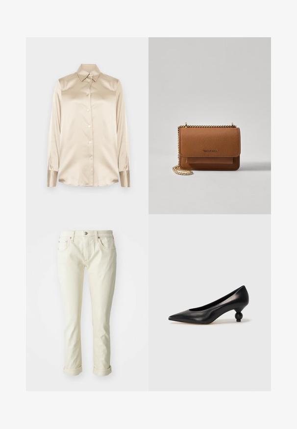 Beige satin skjorta med spetsig krage, helärmade ärmar, knappstängning och manschetter med en något glansigare finish. Inga mönster eller accenter.; Beiga denimjeans med en figurnära design, som har fem fickor, dragkedja och uppvikta muddar för en knälång finish.; Svart läderhögklackad sko med spetsig tå och rund, bollformad klack. Slät yta med en elegant, minimalistisk design.; Brun texturerad läder crossbody-väska med guldkedja och klaffstängning. Framsidan har logotypdetalj och en ficka under klaffen.