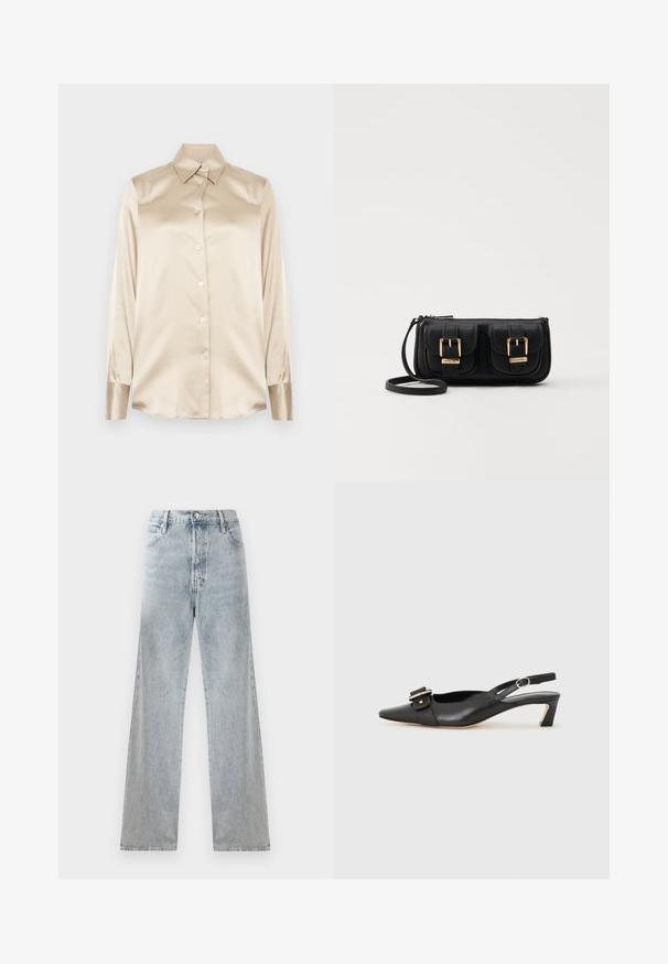 Camisa de cetim bege com gola pontuda, mangas de comprimento total, fecho de botão e punhos com um acabamento ligeiramente mais brilhante. Sem padrões ou detalhes.; Jean de denim azul claro com cintura alta, silhueta de perna larga, design tradicional de cinco bolsos e efeitos de desbotamento sutis.; Sandal com correia preta em pele, com bico fino, pequeno salto e detalhe de fivela decorativa na parte superior. Textura suave, design minimalista.; Bolsa de ombro em couro preto com dois bolsos frontais, fivelas douradas, fecho de zíper e uma alça fina. Superfície texturizada e forma retangular compacta.