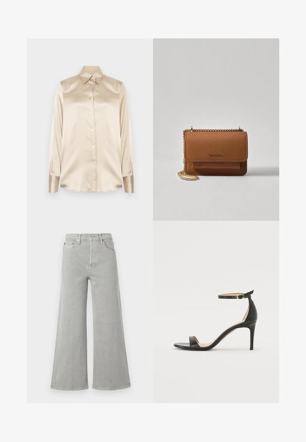 Bež satenasta košulja s oštrim ovratnikom, dugim rukavima, kopčanjem na gumbi i manžetama blago sjajnijeg završetka. Bez uzoraka ili naglasaka.; Svijetlosivi traperice širokih nogavica, visokog struka, s prednjim džepovima i zatvaranjem na gumbe. Glatka tekstura s minimalnim dizajnerskim detaljima.; Crne kožne sandale na visokom potpeticu s remenom oko gležnja. Imaju glatku teksturu, otvoreni prst i tanku potpeticu. Detalj s kopčom u zlatnoj boji.; Smeđa kožna torba preko tijela s teksturom, zlatnim lančićem i preklopom na zatvaranju. Na prednjoj strani nalazi se detalj s potpisom i džep ispod preklopa.