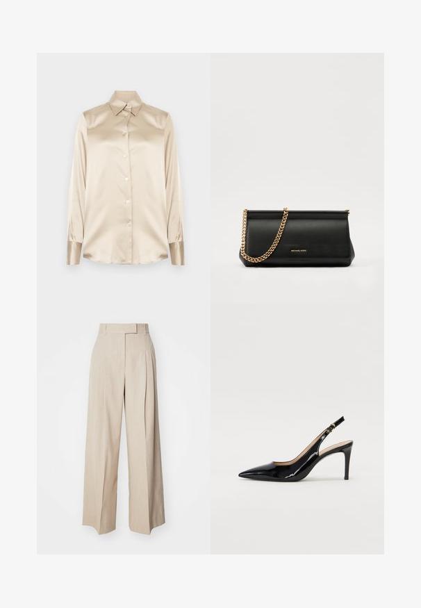 Smėlio spalvos satino marškiniai su smailiu apykakle, pilno ilgio rankovėmis, sagų uždarymu ir šiek tiek blizgesniais rankogaliais. Be raštų ar akcentų.; Smėlio spalvos plačios kojų kelnės, pagamintos iš tekstūruoto audinio, su lygia priekiu, klostėmis ir juosmeniu. Kojos tiesios ir laisvos.; Juodas lakinės odos slingback batelis su smailiu nosiu, plonu kulnu ir subtiliu išpjovos dizainu. Yra auksinė sagtis ant dirželio.; Juodas odinis delninukas su auksine grandine, turintis lygų paviršių, stačiakampį išmatavimą ir įspaustą prekės ženklą priekyje.