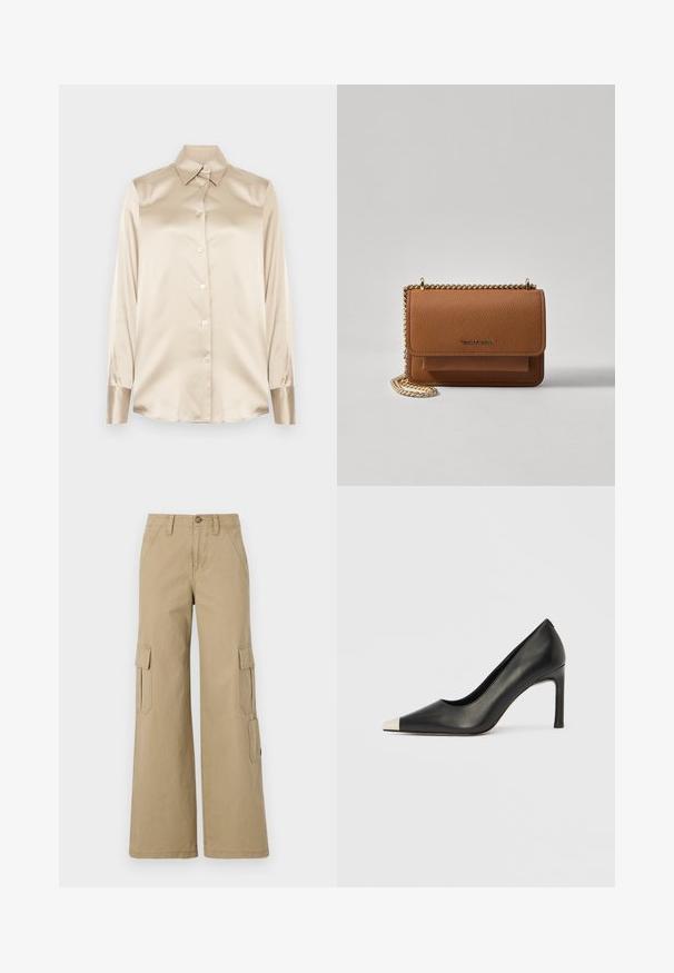 Beige satin shirt with a pointed collar, full-length sleeves, button closure, and cuffs in a slightly glossier finish. No patterns or accents.; Beige cargo pants with wide legs, featuring two side flap pockets, a button closure, and a smooth cotton fabric.; Black leather high heel shoe with a pointed toe and a metallic silver cap. Features a smooth finish and a slender 10 cm heel.; Brown textured leather crossbody bag with gold chain strap and flap closure. Front features logo detail and a pocket under the flap.