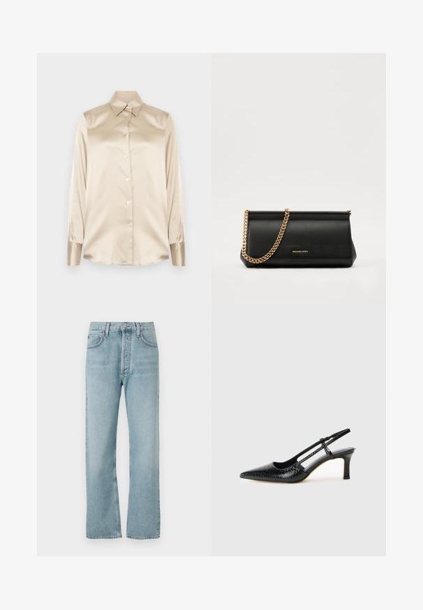Beige satin skjorta med spetsig krage, helärmade ärmar, knappstängning och manschetter med en något glansigare finish. Inga mönster eller accenter.; Ljusblå denimjeans med hög midja, rak ben design och subtila blekning. Har klassisk metallknapp och femfickorsstil.; Svart lackskin slingback-häl med spetsig tå, med texturerad ormskinnsprint, justerbar rem och en kort, texturerad blockklack.; Svart läderclutch med en guldkedjesjal, med en slät yta, rektangulär form och präglad märkning på framsidan.