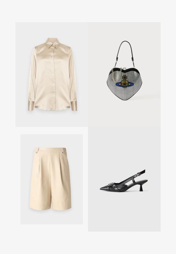 Beige satin skjorta med spetsig krage, helärmade ärmar, knappstängning och manschetter med en något glansigare finish. Inga mönster eller accenter.; Beige veckade shorts med en slät yta, som har två sidfickor och silverdetaljer vid midjan.; Svart lädersko med slingback-design, spetsig tå, dekorativa remmar med metallöglor och en låg klack. Texturerad yta.; Hjärtfomad handväska i mesh med metallisk finish, med en katt- och planetsdesign i blått, gult och rött. Inkluderar en kedjerem.