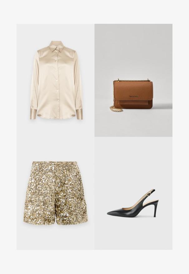Beige satīna krekls ar asām apkaklēm, pilna garuma piedurknēm, ar pogu aizdari un nedaudz spīdīgāka finiša aprocēm. Nav rakstu vai akcentu.; Zelta spīdīgas šortas ar spīdīgu tekstūru, kurām ir brīva piegriezuma forma un elastīga josta. Sekundārā efekta dēļ radās mirdzošs efekts.; Melnas ādas sandales ar augstiem papēžiem un norādītu degunu, regulējama josta un elegants stiletto papēdis, kas izceļas ar gludu apdari.; Brūna teksturēta ādas plecu soma ar zelta ķēdes siksnu un atloka aizdari. Priekšpusē ir logotipa detaļa un kabata zem atloka.