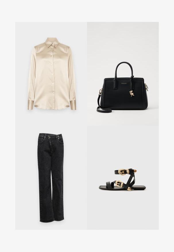 Bež satenasta srajca z ostrim ovratnikom, dolgimi rokavi, z zapiranjem na gumbe in manšetami v nekoliko bolj sijočem finishtu. Brez vzorcev ali dodatkov.; Črne denim hlače s ravnim krojem, z gumbom za zapiranje, petimi žepi, subtilno teksturo in nesproščenimi robovi.; Črne usnjene sandale z zlatimi zaponkami, ki imajo več trakov in ravno podplati za nošenje brez prstov.; Črna usnjena torbica s strukturirano zasnovo, dvema zgornjima ročajema, odstranjevanim naramnim trakom, zlatim okovjem in dodatkom z logotipom.