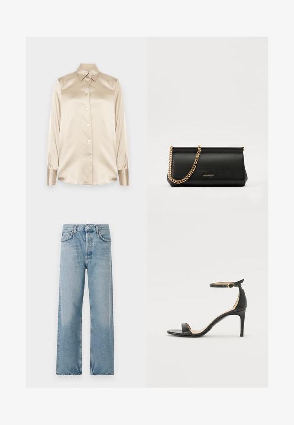 Beige satijnen shirt met een puntige kraag, lange mouwen, knoopsluiting en manchet in een iets glanzender afwerking. Geen patronen of accenten.; Lichtblauwe denim jeans met een hoge taille, wijde pijpen en een vijf-pocket ontwerp. Kenmerkt een knoopsluiting en subtiele vervaging.; Zwarte leren hoge hak sandaal met enkelbandje. Heeft een gladde textuur, open teen en een dunne hak. Gouden gesp detail.; Zwarte leren clutch tas met een gouden kettinghengsel, voorzien van een gladde textuur, rechthoekige vorm en reliëfmerk op de voorkant.