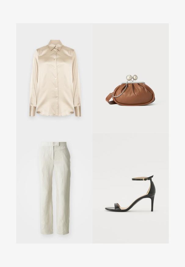 Beige selyem ing hegyes gallérral, teljes hosszúságú ujjakkal, gombos záródással és enyhén fényes anyagú mandzsettákkal. Minták vagy díszítések nélkül.; Fehér len nadrág, szabott fazonnal, lapos elülső résszel és egyenes lábakkal. Simább textúrájú, enyhe gyűrődési részletekkel.; Fekete bőr magassarkú szandál bokapánttal. Simább textúrájú, nyitott orrú és vékony sarkú. Arany színű csat részlet.; Barna bőrből készült clutch táska ezüst gömb záróval és kis ezüst lánc díszítéssel, fehér háttéren.