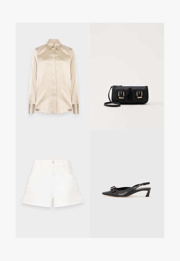 Beige satin shirt with a pointed collar, full-length sleeves, button closure, and cuffs in a slightly glossier finish. No patterns or accents.; CLOSED JOCY - Denim shorts - white; Black leather slingback shoe with pointed toe, small heel, and decorative buckle detail on the upper. Smooth texture, minimalistic design.; Black leather crossbody bag with two front pockets, gold buckles, zipper closure, and a slim strap. Textured surface and compact rectangular shape.