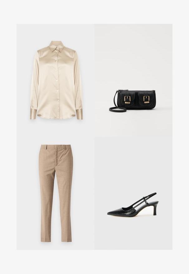Bež satenasta srajca z ostrim ovratnikom, dolgimi rokavi, z zapiranjem na gumbe in manšetami v nekoliko bolj sijočem finishtu. Brez vzorcev ali dodatkov.; Beige hlače s krojem, ki imajo gladko teksturo, ravne hlačnice in zadrgo. Vsebujejo sprednje žepe in subtilen ribji kost izraz.; Črne lakaste slingback pete s koničastim nosom, ki imajo teksturiran vzorec kačje kože, nastavljiv trak in kratek teksturiran blok peto.; Črna usnjena torbica čez ramo z dvema sprednjima žepoma, zlatimi zaponkami, zadrgo in ozkim pasom. Tekstura površine je strukturirana, obliko pa ima kompaktno pravokotno.