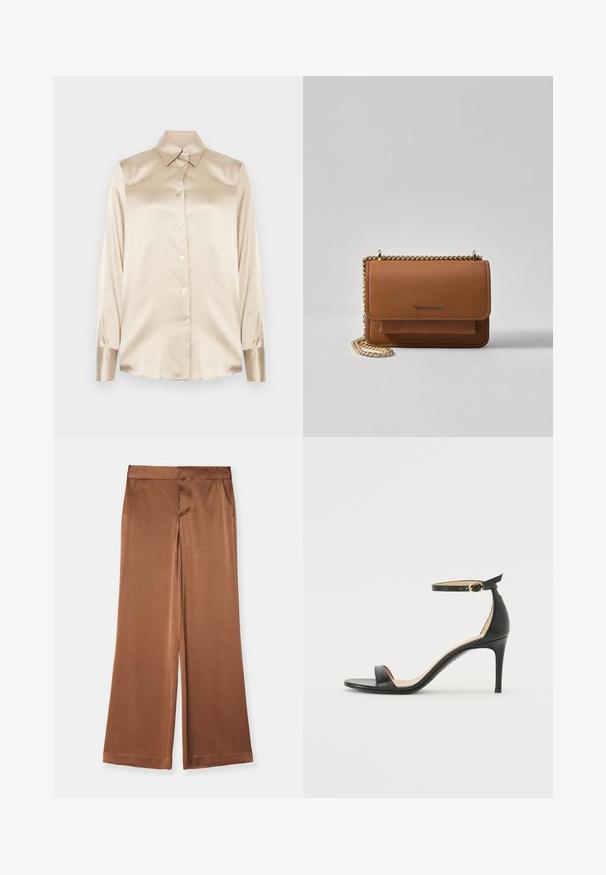 Smėlio spalvos satino marškiniai su smailiu apykakle, pilno ilgio rankovėmis, sagų uždarymu ir šiek tiek blizgesniais rankogaliais. Be raštų ar akcentų.; Rudos platūs kelnės, pagamintos iš satino, su šoninėmis kišenėmis, lygia tekstūra ir pritaikyta liemens juosta, užtikrinančia struktūrizuotą prigludimą.; Juodos oda aukštakulniai sandalai su kulkšnies dirželiu. Pasižymi lygiu paviršiumi, atviru pirštu ir plonu kulnu. Auksinės spalvos sagties detalė.; Ruda tekstūruota odinė per petį nešama rankinė su auksiniu grandininiu dirželiu ir užlenkiamo užsegimo. Priekinėje pusėje yra logotipo detalė ir kišenė po užlenkimu.