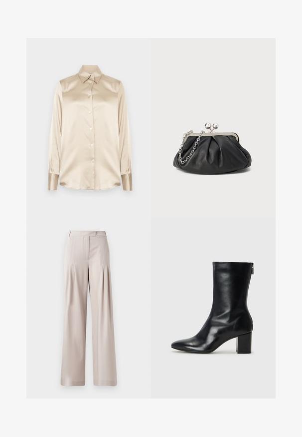 Beige satīna krekls ar asām apkaklēm, pilna garuma piedurknēm, ar pogu aizdari un nedaudz spīdīgāka finiša aprocēm. Nav rakstu vai akcentu.; Bežīgas platās bikses ar gludu tekstūru, krokotu frontāli un piegrieztu jostasvietu. Piemērotas gan formālai, gan ikdienišķai valkāšanai.; Melna ādas potītes zābaks ar norādītu purngalu un 4 cm bloku papēdi. Gluds dizains ar sānu rāvējslēdzēju vieglai uzvilkšanai. Gluda tekstūra.; Melnas ādas roku soma ar sakrautām tekstūrām, sudraba toņu metāla rāmis, skavas aizdare un ķēdes siksna. Gluda, maiga virsma.