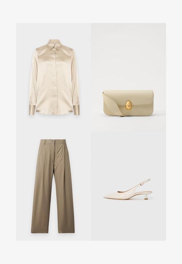 Beige satin shirt with a pointed collar, full-length sleeves, button closure, and cuffs in a slightly glossier finish. No patterns or accents.; Khaki wide-leg trousers made of cotton blend fabric, featuring a button closure, side pockets, and a smooth texture with subtle sheen.; Cream-colored pointed-toe slingback shoe with low kitten heel and gold buckle on plain white background.; Beige leather handbag with a smooth texture, rectangular shape, and a golden oval clasp. Features a long, adjustable strap.