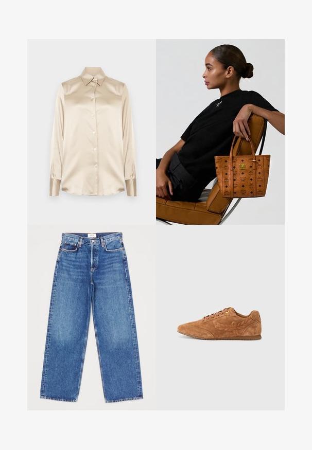Beige Satinhemd mit spitzem Kragen, langen Ärmeln, Knopfverschluss und Manschetten in einem etwas glänzenderen Finish. Keine Muster oder Akzente.; Denim-Hosen mit weitem Bein in mittlerem Blau mit fünf Taschen, geraden Beinen und Steppnähten. Markenlabel am Bund sichtbar.; Braune Wildledersneaker mit niedrigem Profil, die eine strukturierte Oberfläche, dekorative Nähte und ein dezentes geprägtes Muster an der Seite aufweisen.; Frau mit einem Dutt sitzt seitlich auf einem beigen Ledersessel, hält eine beigen, gemusterten Tragetasche mit schwarzen Logos und goldenem Emblem.