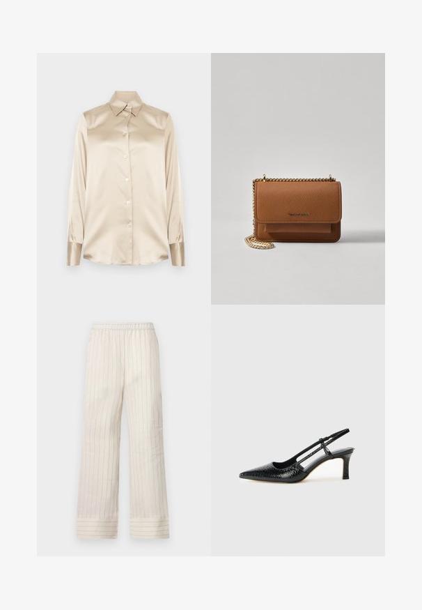 Chemise en satin beige avec un col pointu, des manches longues, une fermeture par boutons et des poignets à la finition légèrement plus brillante. Pas de motifs ni d'accents.; Pantalons larges beige clair à rayures verticales, avec taille élastique et ourlets retroussés. Fabriqués à partir d'un tissu lisse et doux.; Escarpin slingback en vernis noir avec un bout pointu, présentant un imprimé serpent texturé, une sangle réglable et un petit talon bloc texturé.; Sac en cuir texturé marron en bandoulière avec une sangle en chaîne dorée et une fermeture à rabat. L'avant présente un détail de logo et une poche sous le rabat.