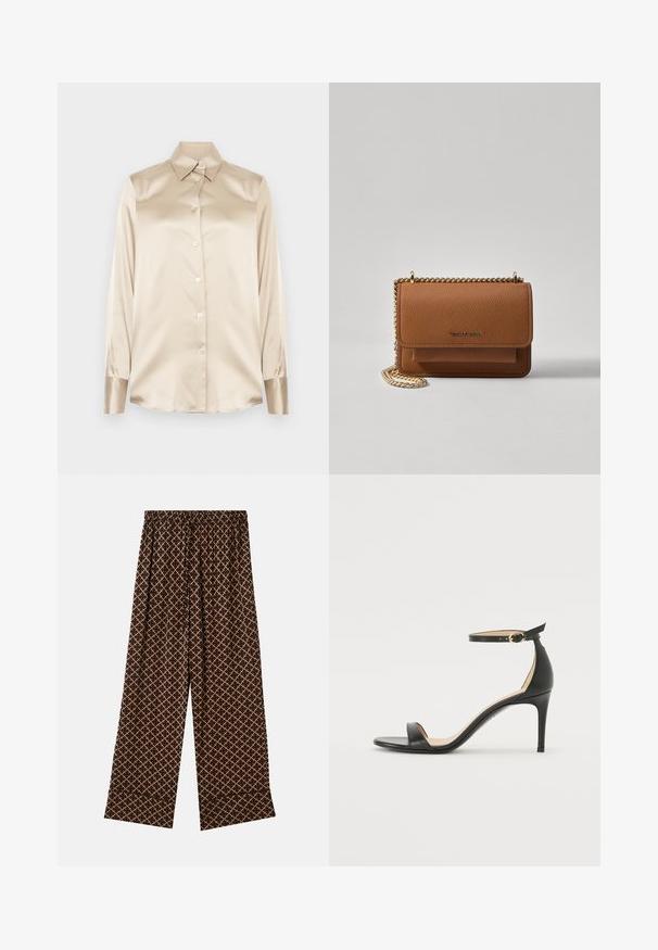 Béžová saténová košela s špicatým golierom, dlhými rukávmi, zapínaním na gombíky a manžetami v mierne lesklejšom prevedení. Bez vzorov alebo akcentov.; Hnedé široké nohavice s geometrickým vzorom v béžovej farbe. Majú elastický pás s šnúrkami. Ľahký materiál, hladká textúra.; Čierne kožené sandále na vysokom podpätku s popruhom okolo členka. Vlastnosti hladkého povrchu, otvorenej špičky a tenkého podpätku. Detail zlatého spony.; Hnedá textúrovaná kožená taška cez telo s zlatým reťazovým popruhom a preklopným uzáverom. Predná strana obsahuje detail s logom a vrecko pod preklopkou.