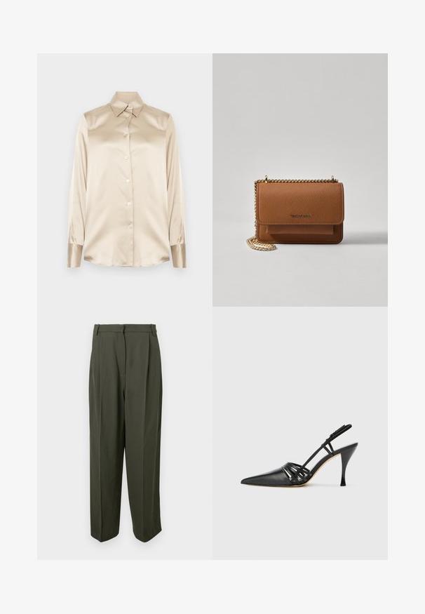Beige satin shirt with a pointed collar, full-length sleeves, button closure, and cuffs in a slightly glossier finish. No patterns or accents.; Olive green trousers made of a smooth fabric, featuring a high waist, pleated front, and wide-leg silhouette. No visible pockets or embellishments.; Black leather high-heeled slingback shoe with pointed toe, crisscross strap design, and slim stiletto heel. Smooth texture and minimal accents.; Brown textured leather crossbody bag with gold chain strap and flap closure. Front features logo detail and a pocket under the flap.
