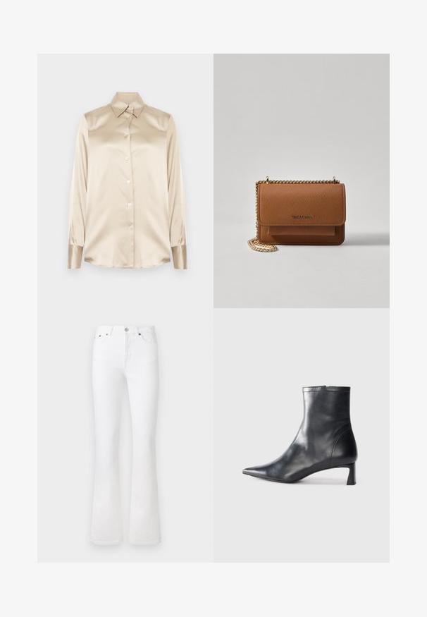 Beige satin shirt with a pointed collar, full-length sleeves, button closure, and cuffs in a slightly glossier finish. No patterns or accents.; White denim flared jeans with a high waist, featuring five pockets, a front button closure, and a classic faded texture.; Black leather ankle boot with a pointed toe and a sleek design. Features a low heel and a zipper closure at the back. Smooth texture.; Brown textured leather crossbody bag with gold chain strap and flap closure. Front features logo detail and a pocket under the flap.