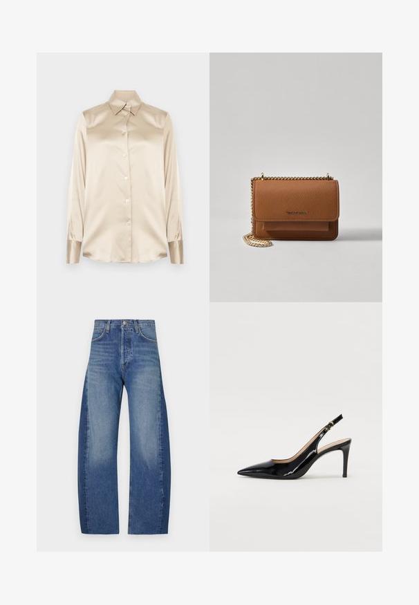 Camisa de cetim bege com gola pontuda, mangas de comprimento total, fecho de botão e punhos com um acabamento ligeiramente mais brilhante. Sem padrões ou detalhes.; Calças de ganga em um gradiente de azul claro a escuro, com um corte largo e relaxado, design de cinco bolsos e detalhes de costura visíveis.; Sandal com salto em verniz preto, bico fino, salto esguio e um design de recorte subtil. Apresenta uma fivela dourada na alça.; Bolsa crossbody de couro texturizado castanho com alça de corrente dourada e fecho com aba. A parte da frente apresenta detalhe do logótipo e um bolso sob a aba.