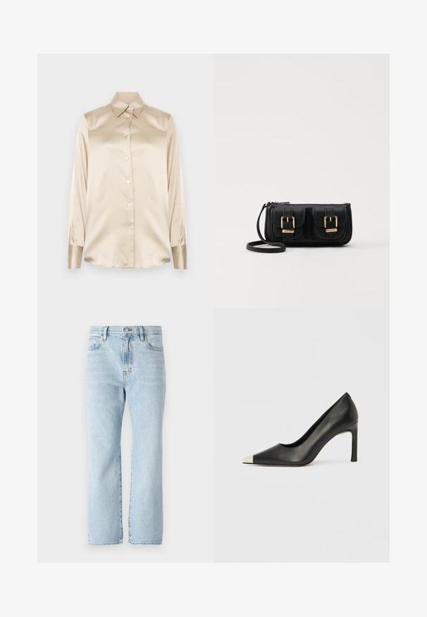 Beige satin shirt with a pointed collar, full-length sleeves, button closure, and cuffs in a slightly glossier finish. No patterns or accents.; Light blue denim jeans with a straight-leg design, mid-rise waist, front pockets, and frayed hem detailing. Classic five-pocket style.; Black leather high heel shoe with a pointed toe and a metallic silver cap. Features a smooth finish and a slender 10 cm heel.; Black leather crossbody bag with two front pockets, gold buckles, zipper closure, and a slim strap. Textured surface and compact rectangular shape.
