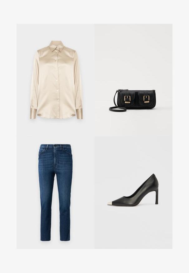 Cămașă din satin bej cu guler ascuțit, mâneci lungi, închidere cu nasturi și manșete cu o finisare ușor lucioasă. Fără modele sau accente.; Blugi slim-fit de culoare albastră, cu un design clasic cu cinci buzunare și închidere cu nasture, prezentând o ușoară decolorare și un croi drept curat.; Pantof cu toc înalt din piele neagră, cu vârf ascuțit și un capac metalic argintiu. Are un finisaj neted și un toc subțire de 10 cm.; Geantă neagră din piele, tip crossbody, cu două buzunare frontale, catarame aurii, închidere cu fermoar și o curea subțire. Suprafață texturată și formă rectangulară compactă.