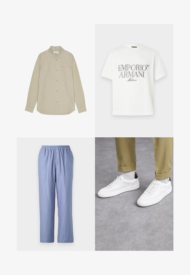 Beige Langarmhemd mit Knopfleiste und spitzem Kragen, einer einzelnen Brusttasche und einer dezenten Textur. Verfügt über kontrastierende Knöpfe und eine sorgfältige Naht.; Weißes Baumwoll-T-Shirt mit einem großen grauen "Emporio Armani Milano"-Logo auf der Vorderseite und einem kleinen Logo oben links.; Hellblaue, locker sitzende Hose mit elastischem Bund, zwei Seitentaschen und geraden Beinen. Hergestellt aus weichem Material mit glatter Textur.; Weiße Sneakers mit einer strukturierten Lederoberfläche, abgerundeter Zehenpartie und schwarzem Fersenakzent. Gummisohle mit kleinem Profilmuster und genähten Details.