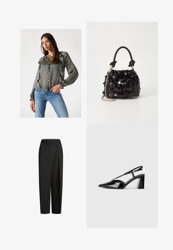 Ahnas hall blouse, millede detailitega, pikad varrukad, paela kaelus ja ees nuppe, koos siniste teksadega, et luua vabalt aega.; Mustade triibulised püksid laia säärega disainiga, millel on lühendatud pikkus ja volditud vöökoht, et saavutada ülihästi istuv välimus. Pehme kangastekstuuri.; Mustadast mustast lakknahast kõrge kontsaga kingad, millel on terav varvas, reguleeritav rihm ja jäme ristkülikuline konts.; Must have mustrõngus mustal sädelev mini käekotil on sõlme tekstuuriga rihm ja hõbedane ketis. Ümar kuju, kokku kogutud ülaosa ja peegeldav detail.