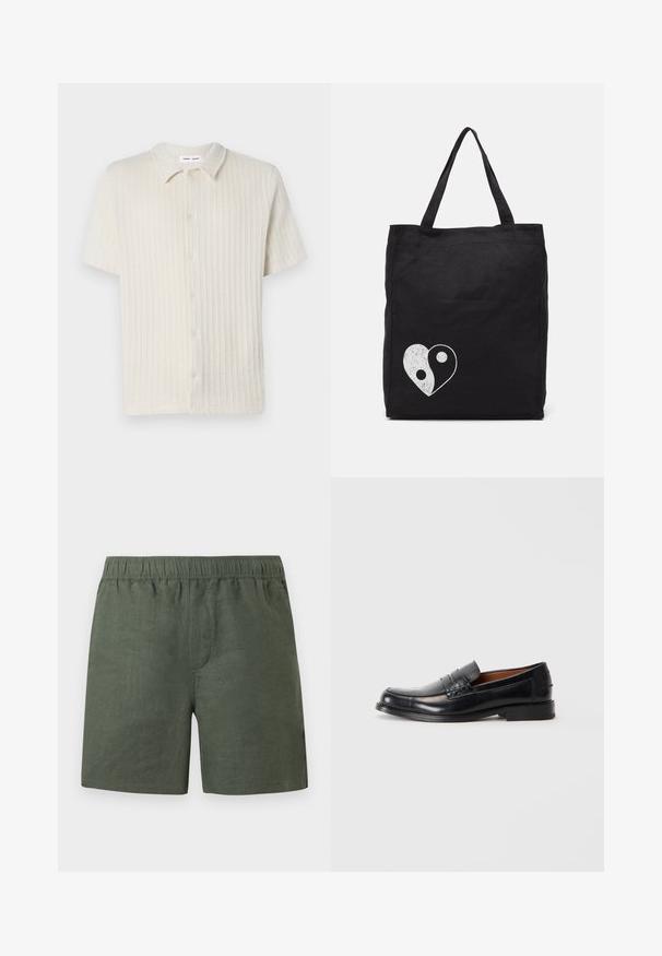 Short-sleeve, button-up shirt in light beige with a textured ribbed pattern and a classic collar. Made of soft, breathable fabric.; Green linen shorts with an elastic waistband, straight fit, and side pockets. Lightweight fabric with a smooth texture.; Black leather loafer with a rounded toe, raised stitching detail on the vamp, and a low stacked heel. Smooth texture and formal design.; Black tote bag made of canvas, featuring a white yin-yang heart graphic. Two sturdy handles for easy carrying. Simple rectangular design.